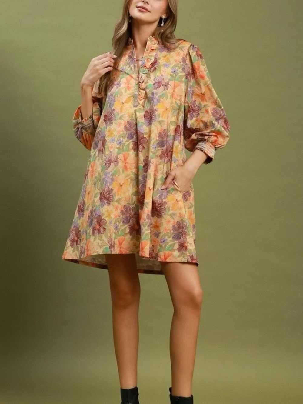 Vintage Floral Print 3/4 Sleeve Dress